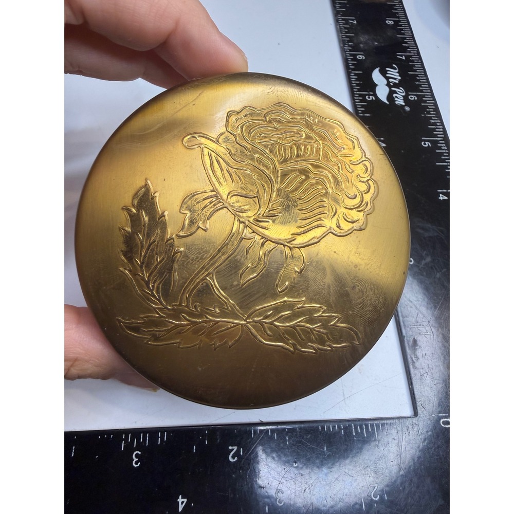 Gold Tone Brass Rose Etched Powder Compact with Mirror and Puff 3 Inch